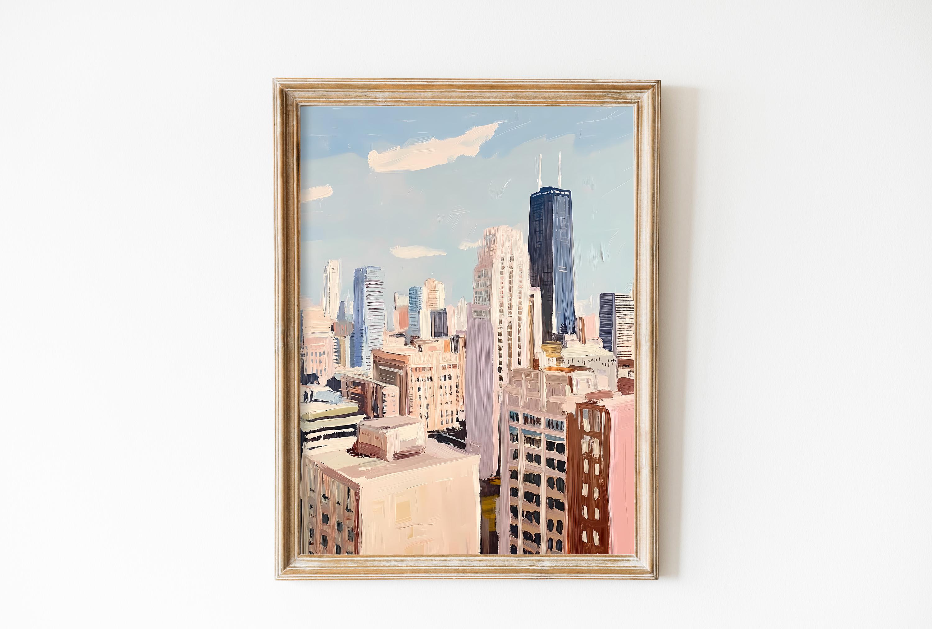 Retro Chicago Poster, Soft Pink Chicago Skiline Wall Art, Vintage Chicago Oil Painting, USA Travel Poster, Dorm Decor Gift, City Landscape
