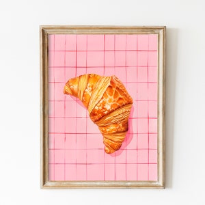 Pink Pastries Brunch Breakfast Art, Kitchen Wall Print, French Decor, Digital Download, Retro Eclectic Aesthetic, Bakery Croissant Gift Home