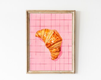 Pink Croissant Kitchen Print: Retro French Bakery Art (Digital Download)