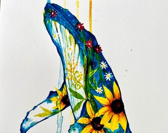 Floral Whale Print, Nautical Wall Art, Limited Edition A4