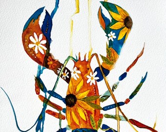 Floral Lobster Watercolor Print, Quirky Nautical Wall Art