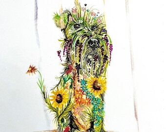 Bloemenschnauzer aquarel kunstprint, boho hond muurdecoratie
