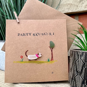 Cartão de vidro do mar, cartão de felicitações, feito à mão, cachorro, beira-mar, salsicha, cartão de aniversário, divertido, peculiar, cartões de felicitações