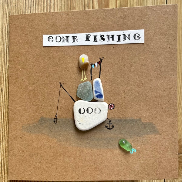 Sea glass, sea pottery, card greetings, card, hobbies, fishing, birthday, picture, boat, cobble, seagull