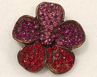 Vintage Copper Tone Flower Brooch Pin in Pink Magenta and Red Rhinestones