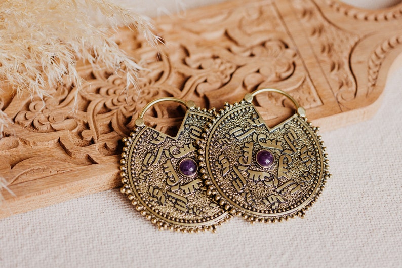 BERCAHAYA EARRINGS GOLD jewelry ethnique boho earrings brass laiton gold Silver tribal earweight calligraphie image 8