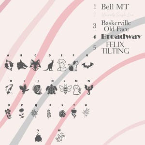 May include: A light pink and white background with various black illustrations of animals, plants, and objects. The image also includes text in different fonts, such as "Bell MT" and "Broadway".