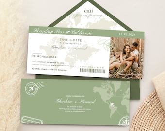 Sage Green Save the Date Boarding pass wedding invitation template Sage Green Boarding pass Save the date Destination save the date travel