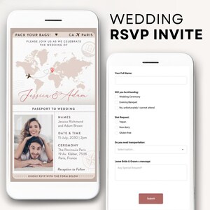 May include: A mobile phone screen displaying a wedding RSVP invitation with a passport theme. The invitation features a map of the world with a red heart marking the location of the wedding. The text on the screen reads "Pack your bags!" and "Jessica & Adam". The invitation also includes the wedding date and time, ceremony location, and a request for guests to RSVP with the form below.