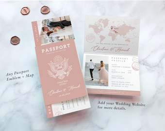 Rose Gold Passport wedding invitation Rose gold wedding invite pink wedding invite pink passport style wedding abroad travel wedding invite