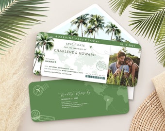 Sage green Save the Date Boarding pass save the date invitation, palm tree save the date, Destination save the date tropical save the date