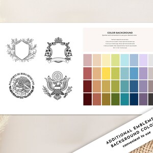 May include: A printable wedding invitation design template with four different black and white emblems. The template includes a color palette with 36 different color options for the background.