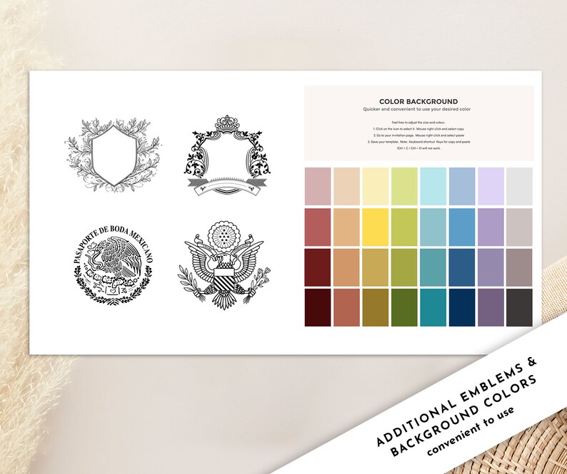 May include: A printable wedding invitation design template with four different black and white emblems. The template includes a color palette with 36 different color options for the background.