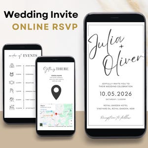 May include: Three smartphones displaying a wedding invitation design. The design includes the names "Julia + Oliver", event details, and an RSVP option. The phones are black with white screens.