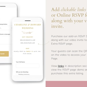 May include: A screenshot of a mobile phone displaying a wedding RSVP form. The form includes fields for dietary restrictions, transportation needs, a message for the couple, and RSVP confirmation. The form also includes links to the couple's gift registry and a message to RSVP by March 15th.