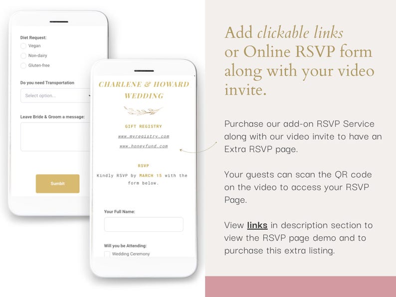May include: A screenshot of a mobile phone displaying a wedding RSVP form. The form includes fields for dietary restrictions, transportation needs, a message for the couple, and RSVP confirmation. The form also includes links to the couple's gift registry and a message to RSVP by March 15th.