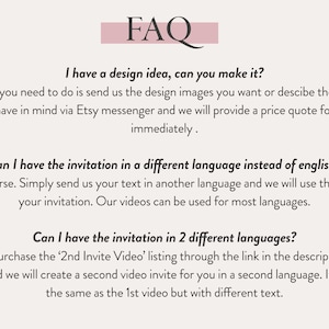 May include: FAQ section with text answering questions about design ideas, language options, and creating invitations in multiple languages.