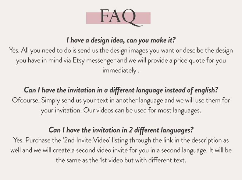 May include: FAQ section with text answering questions about design ideas, language options, and creating invitations in multiple languages.