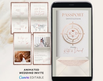 digital destination wedding evites, digital passport invite, animated wedding invite, digital wedding invite template, wedding invite video