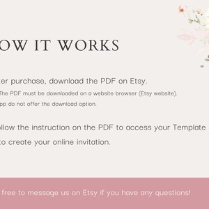 May include: A white background with pink floral accents and black text explaining how to download and use a digital template. The text reads "HOW IT WORKS" and includes instructions on how to download the PDF after purchase and how to access the template online.