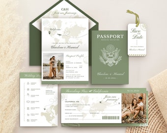 Sage Green passport wedding invitation template, Destination Wedding Invitation, Passport Wedding Invitation Travel wedding invitation print