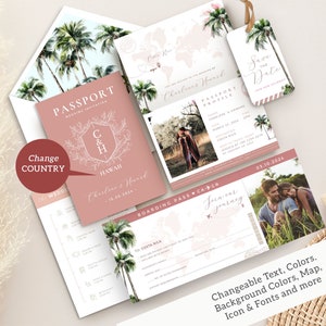 Destination Wedding Invitation template, palm tree wedding invitation set, Printable Passport Wedding Invitation Travel Wedding invite, tropical wedding invitation, boarding pass invitation template with tag rsvp, sage green wedding invitation set