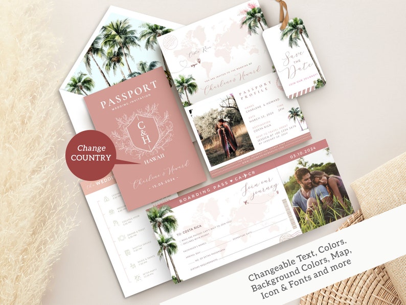 Destination Wedding Invitation template, palm tree wedding invitation set, Printable Passport Wedding Invitation Travel Wedding invite, tropical wedding invitation, boarding pass invitation template with tag rsvp, sage green wedding invitation set