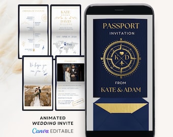 Digital destination wedding invitation, digital passport wedding invitation, Destination Wedding evites, digital wedding invite template