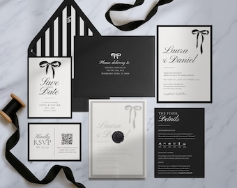 Ribbon wedding invite cute wedding invite bow tie wedding invitation suite black bow wedding invite Tying the Knot wedding invite elegant