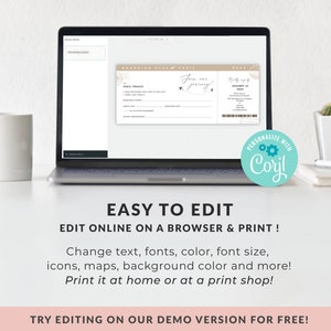 May include: A laptop computer displaying a mockup of a printable boarding pass invitation with the text "Join our journey!" and "RSVP" on a beige background. The laptop is on a white surface with a white coffee mug and a small cactus plant in a pot.