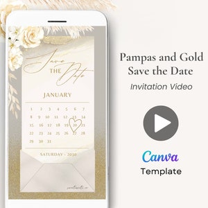 Puede incluir: Una plantilla de video de invitación digital para guardar la fecha con un esquema de color dorado y blanco. La plantilla presenta un calendario con un corazón sobre la fecha "20" y el texto "Save the Date" y "Pampas and Gold".