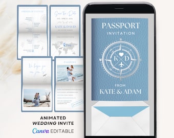 digital Destination Wedding invitation, digital passport invitation, light blue wedding invitation, travel wedding, digital wedding invite