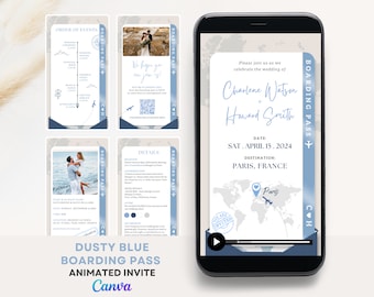 Wedding invite rsvp Blue Wedding Invite template digital Destination wedding invite canva Digital Boarding pass wedding invite video