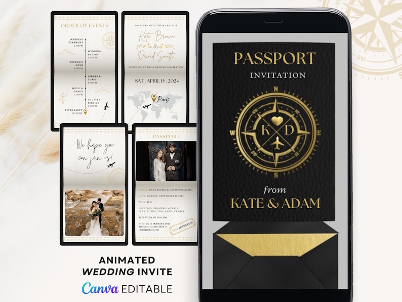 digital black gold passport invitation video, digital Destination Wedding Invitation Video, Digital black Destination wedding invitation digital Template, black Wedding passport invitation, black wedding invitation animated, animated passport wedding