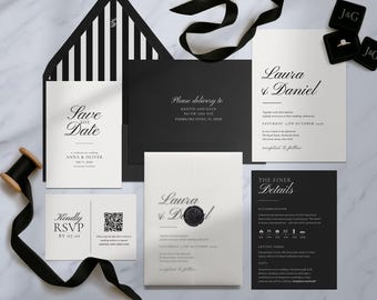 White and Black wedding invitation printed modern wedding invitation set classic wedding invitation suite custom wedding invitations elegant