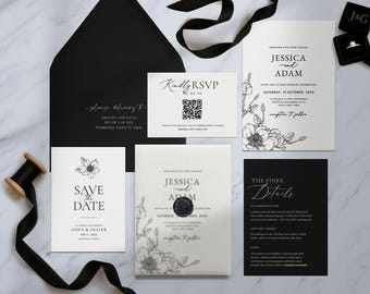 Black wedding invitation suite white and Black floral wedding invitation set black save the date PRINTED wedding invites Monochrome wedding