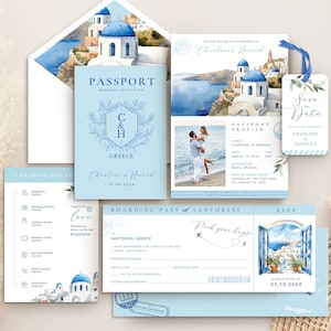 Modello di invito per matrimonio in Grecia, invito per matrimonio a Santorini Modello di invito per matrimonio con passaporto Invito per carta d'imbarco Invito per matrimonio da viaggio