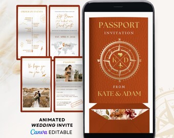 Terracotta Destination wedding invitation template video, Passport invitation video template, boho terracotta wedding invitation digital