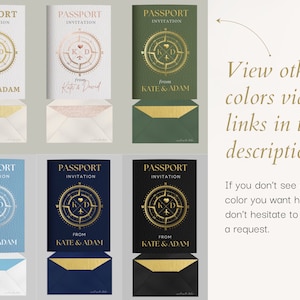 Puede incluir: Seis invitaciones de boda estilo pasaporte con diferentes fondos de colores. Las invitaciones presentan un dise&ntilde;o de br&uacute;jula con las iniciales "KD" y un coraz&oacute;n en el centro. El texto "Passport Invitation" y "From Kate & Adam" est&aacute; impreso en cada invitaci&oacute;n.