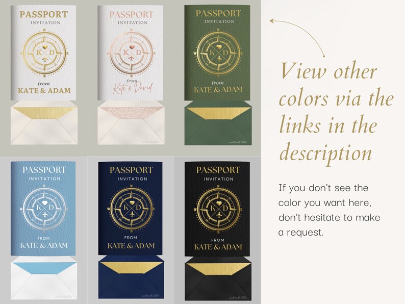 May include: Six passport-style wedding invitations with different colored backgrounds. The invitations feature a compass design with the initials "KD" and a heart in the center. The text "Passport Invitation" and "From Kate & Adam" is printed on each invitation.