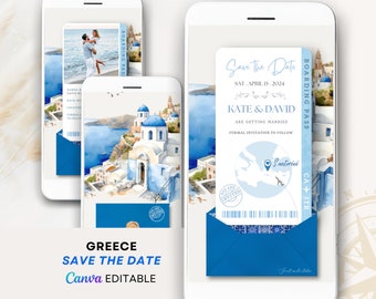 Santorini wedding invitation digital Greece save the date wedding invitation video template Boarding pass wedding invitation video template
