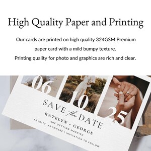 May include: A white Save the Date card with a textured surface, featuring three photo panels and the text "Save the Date" with a wedding date. The card includes the names Katelyn and George.