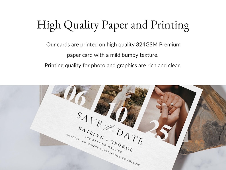 May include: A white Save the Date card with a textured surface, featuring three photo panels and the text "Save the Date" with a wedding date. The card includes the names Katelyn and George.