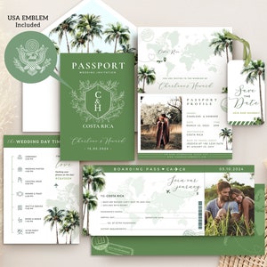 sage green wedding invitation template, destination wedding invite Passport Wedding invitation, palm tree Wedding Invitation Tropical invite