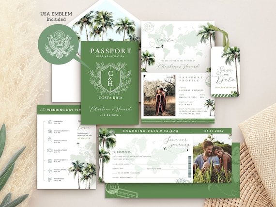 sage green wedding invitation template, destination wedding invite Passport Wedding invitation, palm tree Wedding Invitation Tropical invite