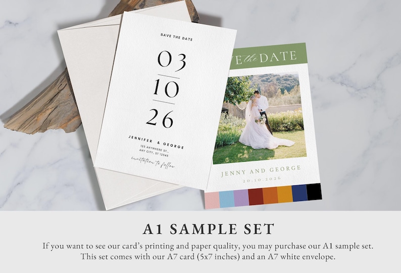 May include: A sample set of wedding stationery featuring a save-the-date card with the date 03/10/26 and a photo card. The photo card has a picture of a couple. The set includes an A7 card (5x7 inches) and a white envelope.