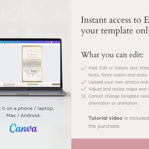Puede incluir: Una pantalla de computadora port&aacute;til que muestra una plantilla de invitaci&oacute;n de boda en Canva. La plantilla presenta un esquema de color dorado y blanco con un mapa del mundo y el texto "Save the Date" y "Kate & David". El texto "Edit it on a phone / laptop. Mac / Android." se muestra debajo de la computadora port&aacute;til.