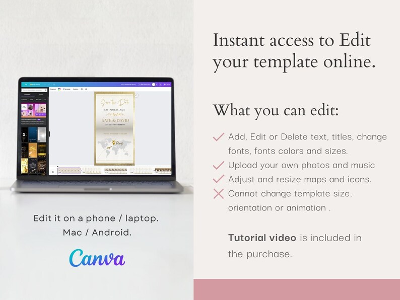 Puede incluir: Una pantalla de computadora port&aacute;til que muestra una plantilla de invitaci&oacute;n de boda en Canva. La plantilla presenta un esquema de color dorado y blanco con un mapa del mundo y el texto "Save the Date" y "Kate & David". El texto "Edit it on a phone / laptop. Mac / Android." se muestra debajo de la computadora port&aacute;til.