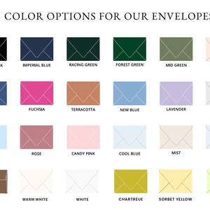 May include: A display of envelope color options, including Ebony Black, Imperial Blue, Racing Green, Forest Green, and more. The text "COLOR OPTIONS FOR OUR ENVELOPES" is at the top. Each envelope is a different color.