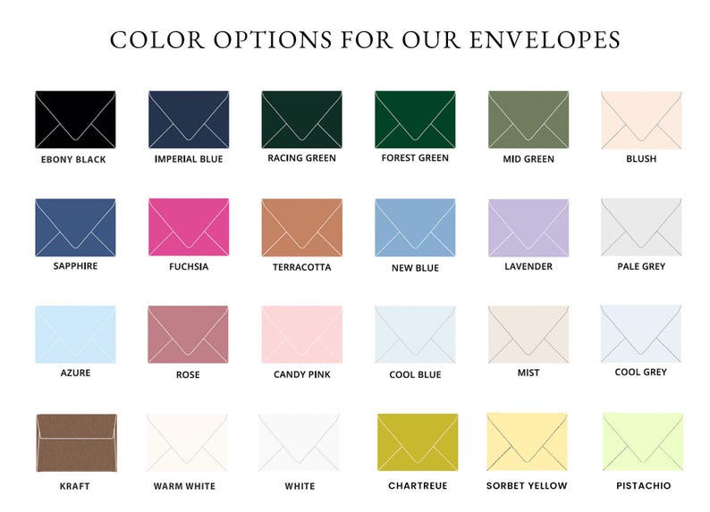 May include: A display of envelope color options, including Ebony Black, Imperial Blue, Racing Green, Forest Green, and more. The text "COLOR OPTIONS FOR OUR ENVELOPES" is at the top. Each envelope is a different color.